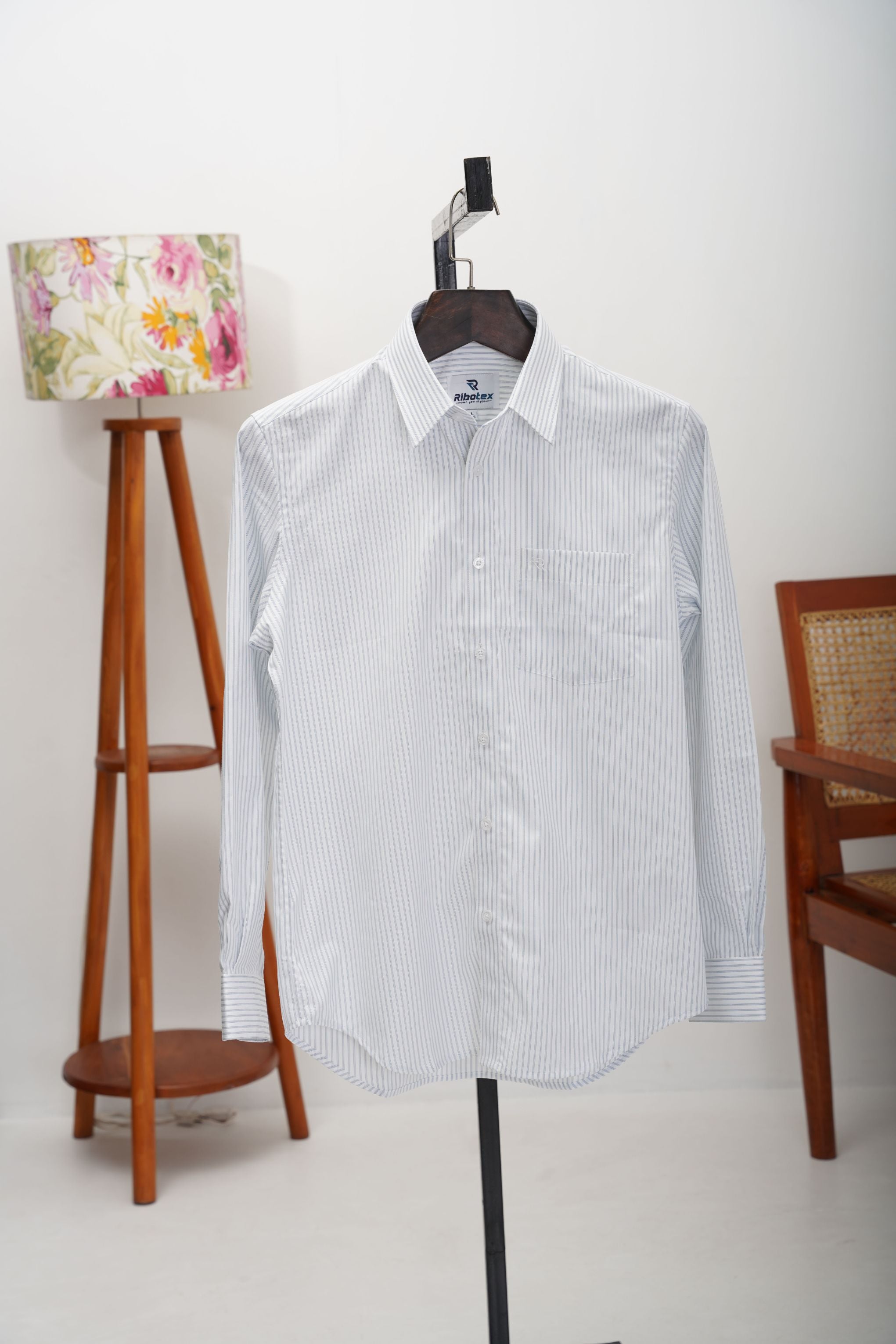 White & Sky Blue Fine Pencil Track Stripe Executive Regular Fit