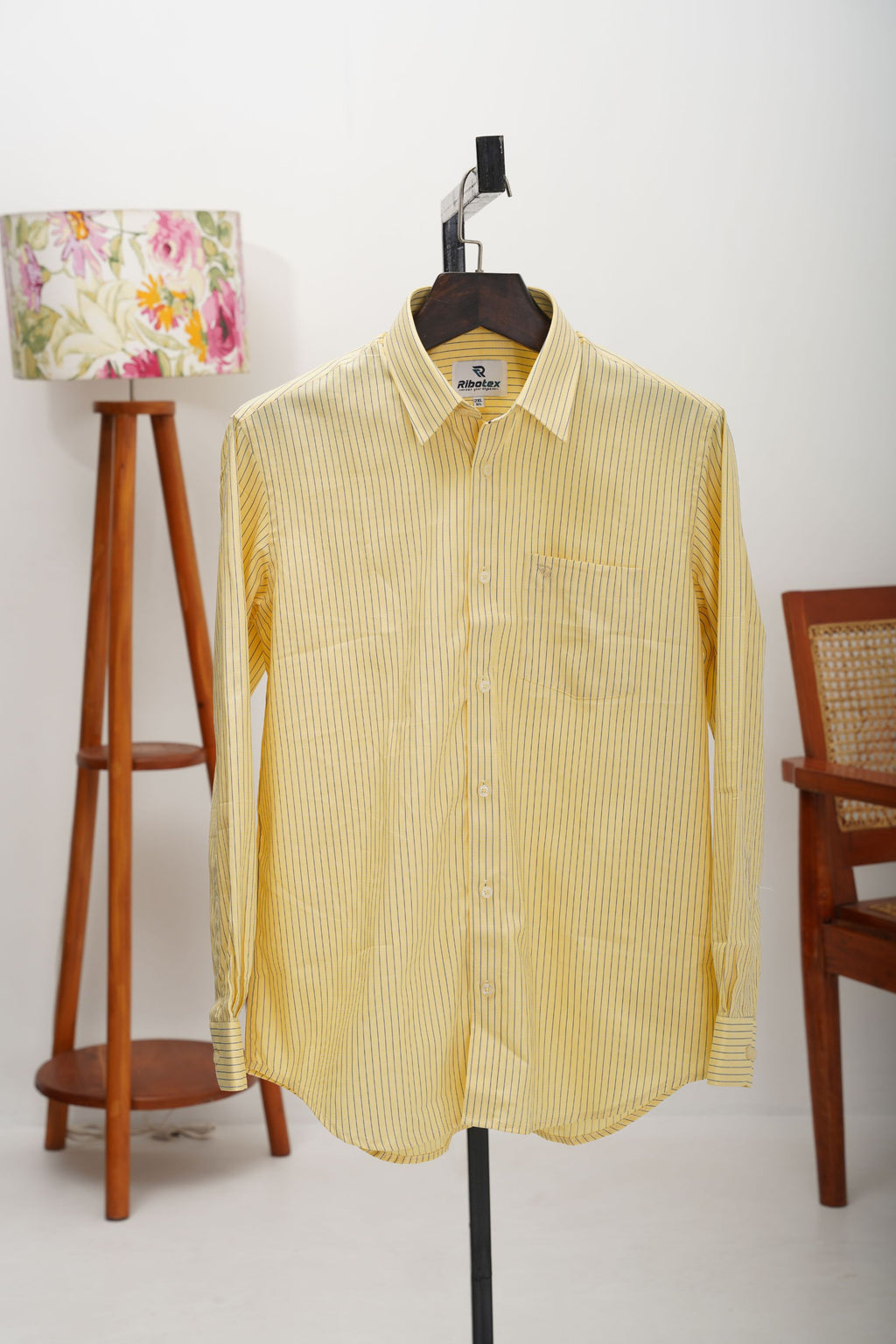 Soft Canary Yellow Navy Vertical Track Stripe Executive Regular Fit